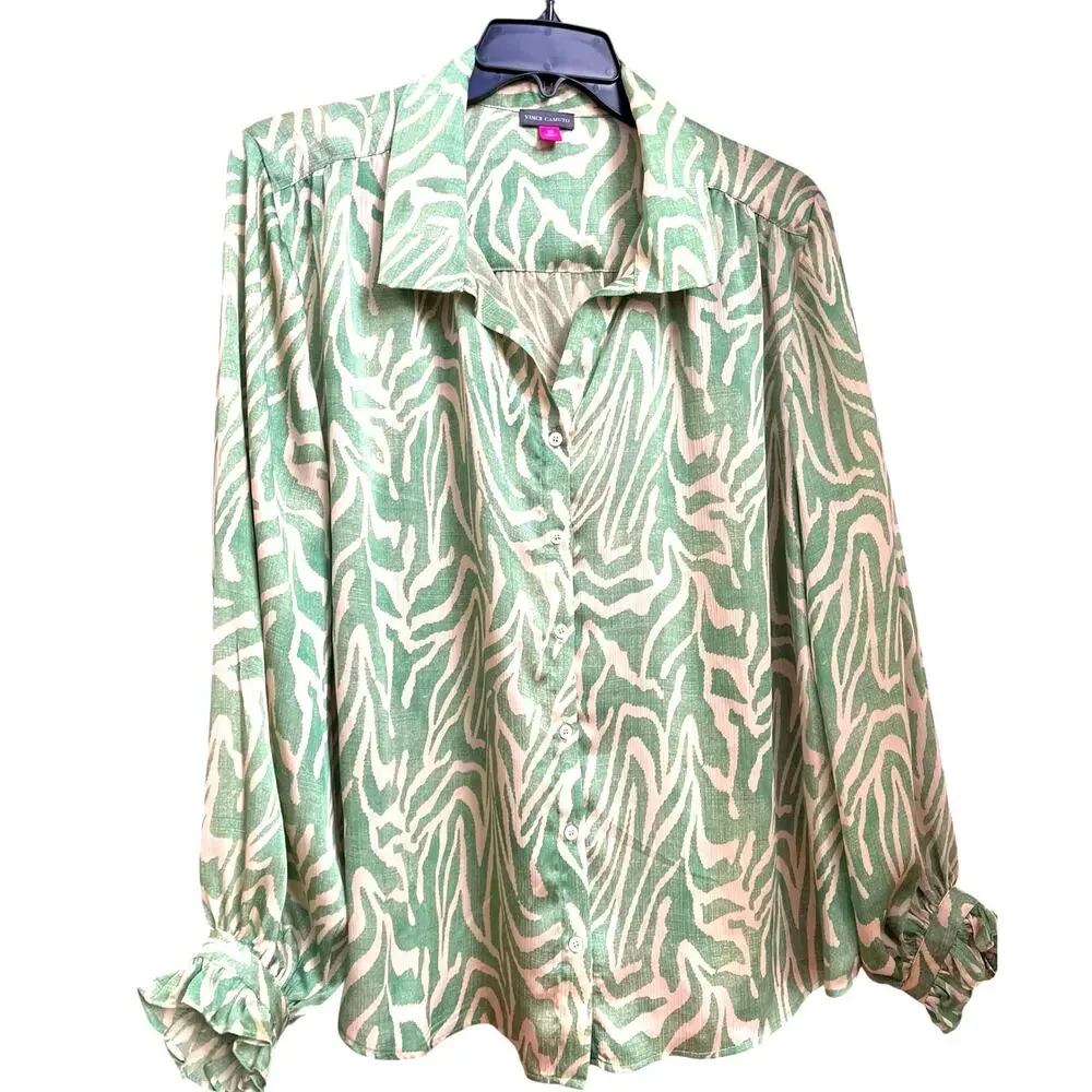Vince Camuto Abstract Zebra Print Blouse Ruffle Top | Plus 3X, Green Cream NEW - Picture 6 of 14